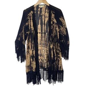 STARING AT STARS Tie Dye Fringe Kimono Sz XS Black Tan Bohemian Festival Rock